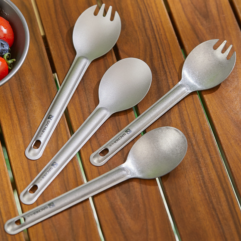 Pure titanium outdoor titanium spoon Fork portable ultra-light titanium tableware fork spoon suit camping titanium combined metal spoon