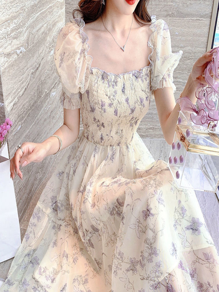 French Ink Painting Floral Chiffon Dress Puff Sleeve Slimming Elegant Sweet Mid-length Skirt Summer Women's Wear