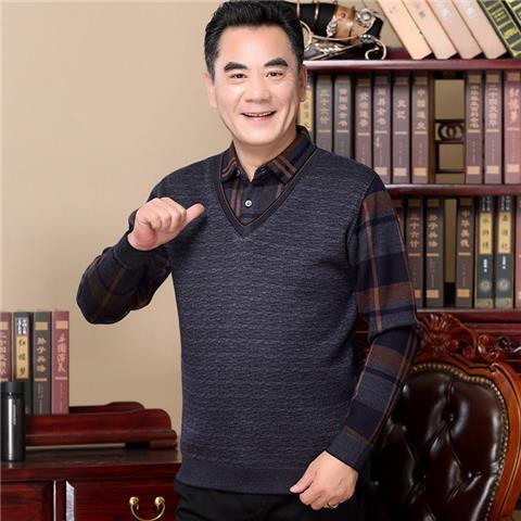 Dad spring long-sleeved T-shirt thin middle-aged men's fake two-piece clothes middle-aged and elderly men's spring and autumn top