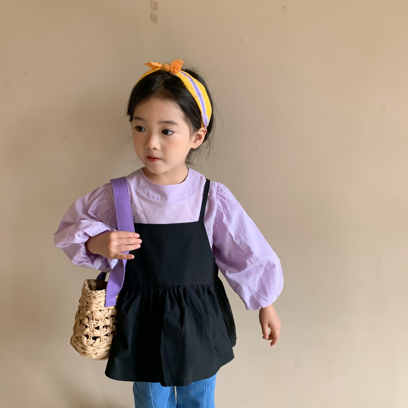 韓國童裝春秋季女童套裝韓版小女孩泡泡袖娃娃衫吊帶兒童兩件套