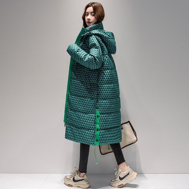 Hooded plaid over-the-knee long Internet celebrity fashion loose and versatile temperament plaid women's mid-length down jacket for women trendy