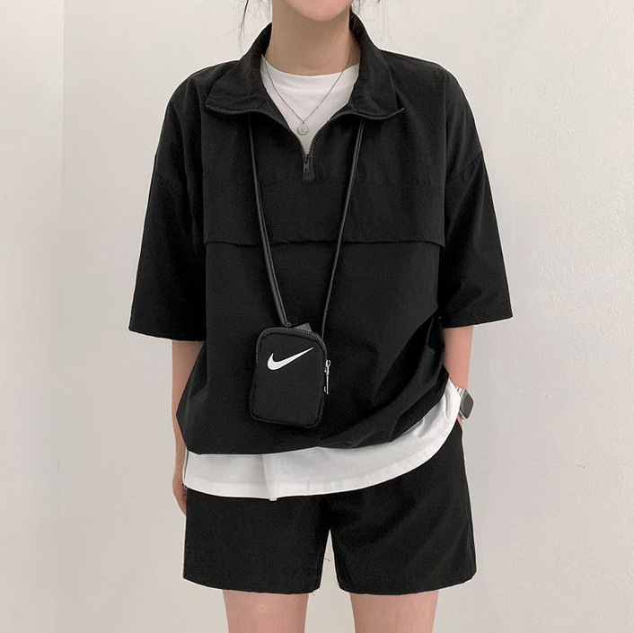 Suit women's turtleneck zipper short-sleeved shorts two-piece Korean-style summer fashion casual sportswear loose couple