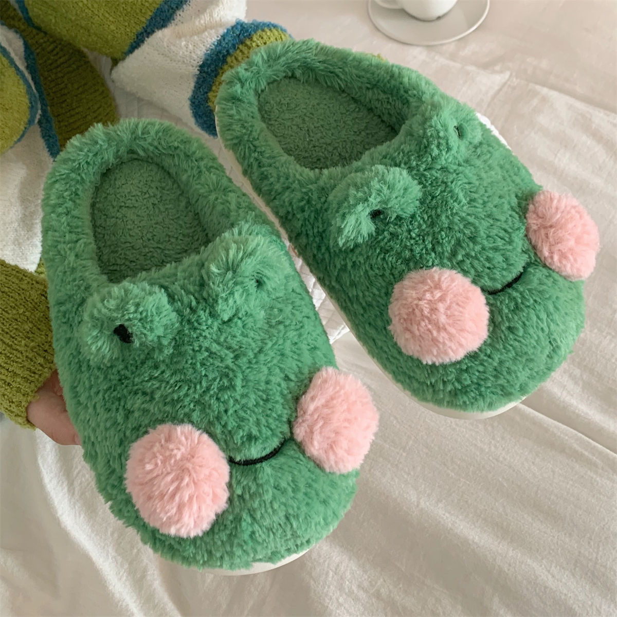 Cute Cartoon Little Frog Baotou Cotton Slippers Winter Casual Home Bedroom Warm Moon Soft Slippers for Women