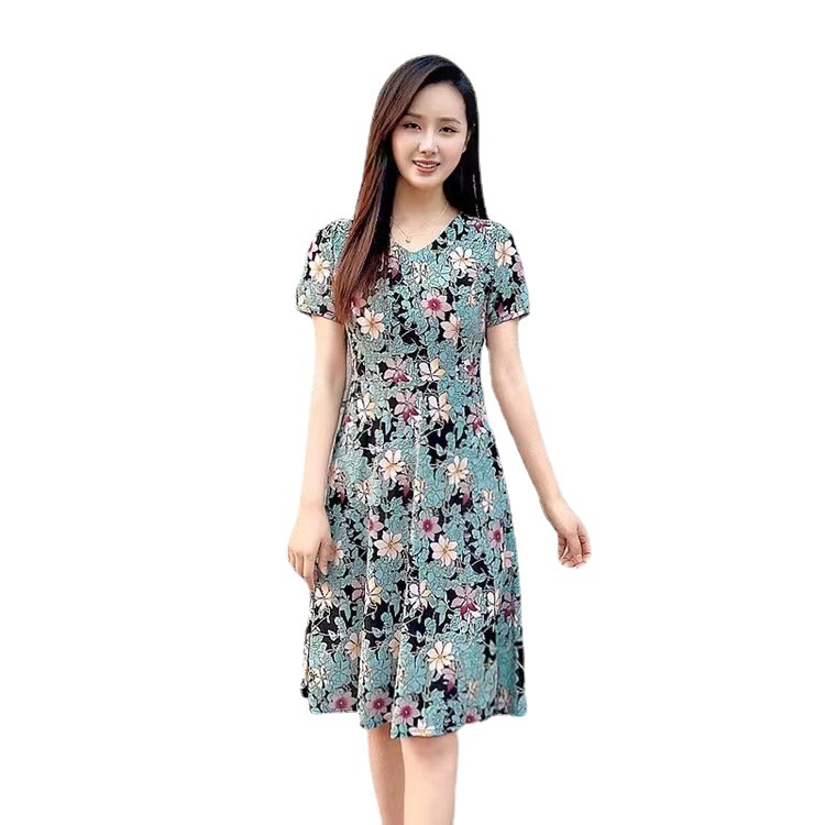 New Dress Women's Short-sleeved Ice Silk Breathable Summer New Belly Covering Slimming Elastic Elegant Mother Dress
