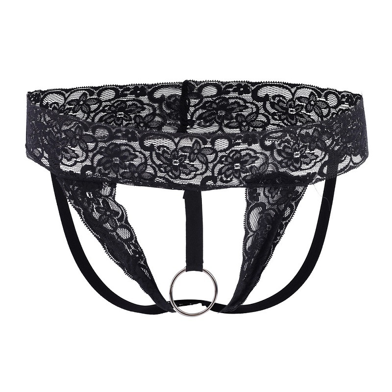 Large Size Sex Men's Underwear Lifting Ring Thongs Sexy Open Crotch Hollow Perspective Lace Double T-pants for Men