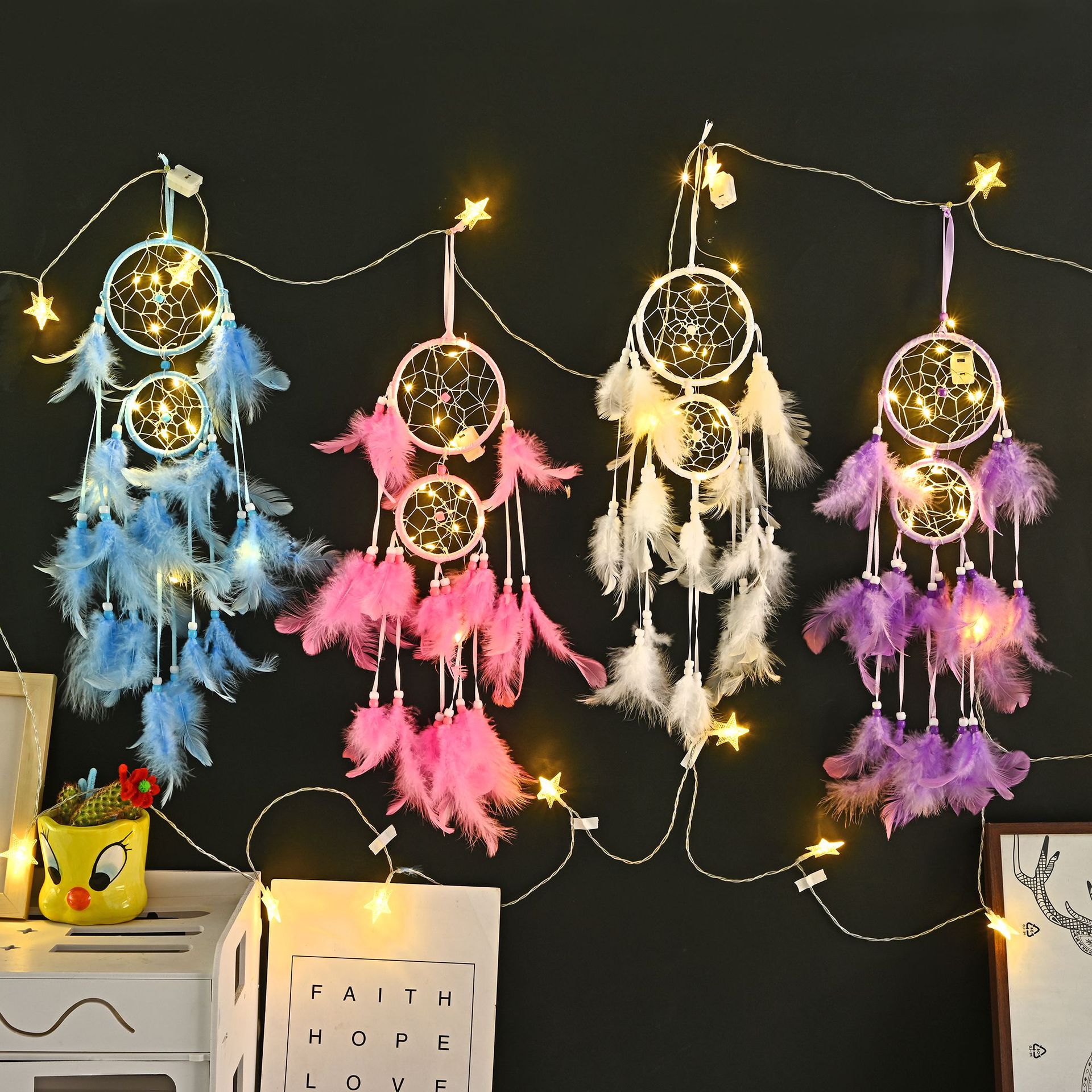 Creative double ring dream catcher home wall decoration pendant small fresh feather decoration car interior holiday gift