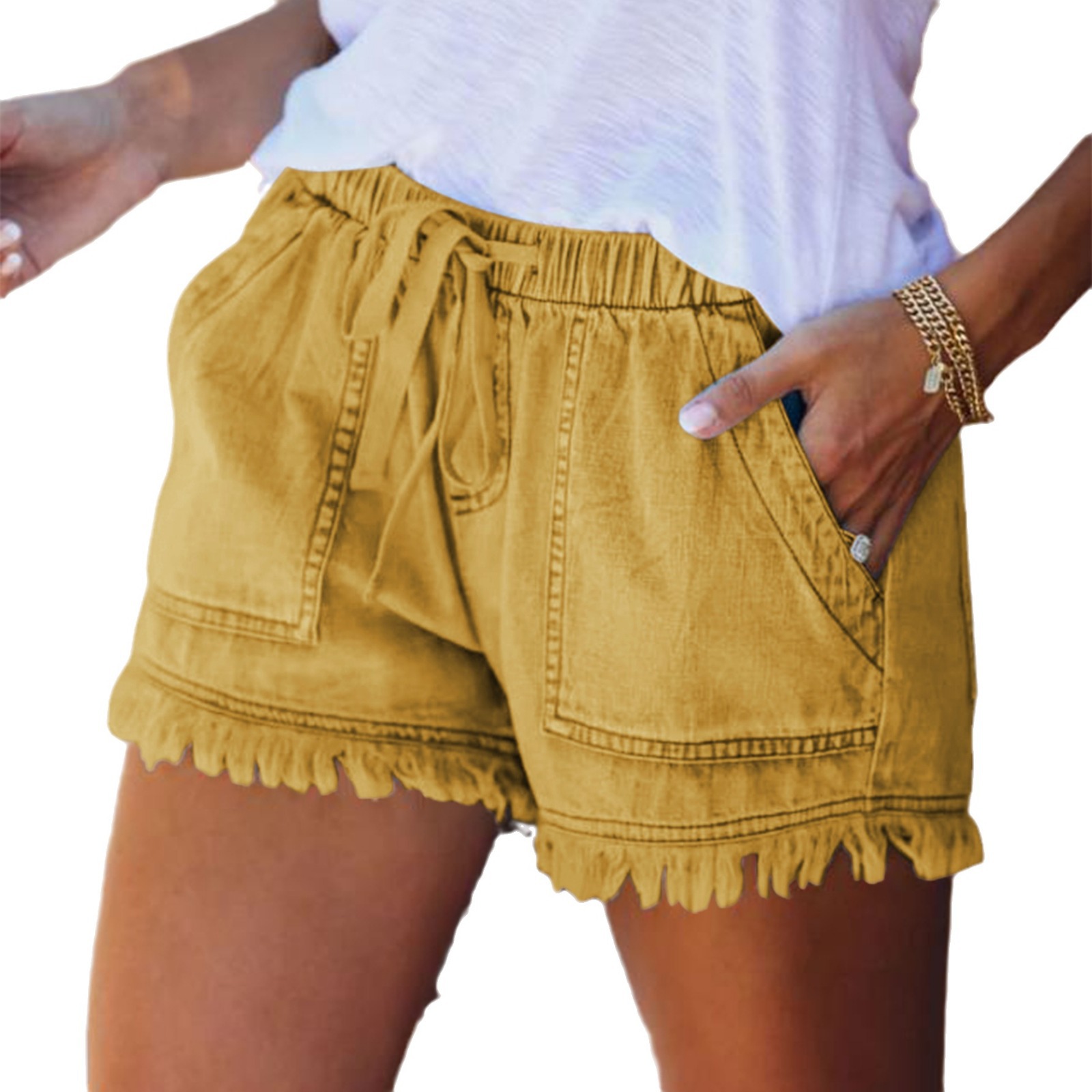 2025 summer Amazon new wish European and American foreign trade elastic waist drawstring casual high waist slim Denim shorts women