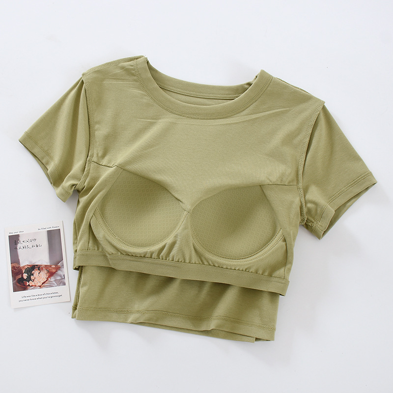 One-piece Navel-exposed Round Neck Short-sleeved Cup Base Shirt with Chest Pad Summer Short Women's Inner T-shirt without Steel Ring