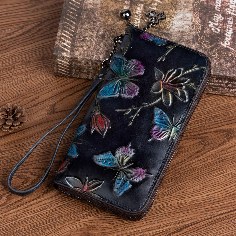 2023 new first layer cowhide handbag Women's Chinese style embossed brushed long wallet fashion retro clutch