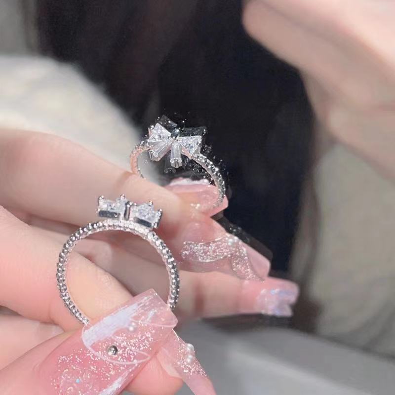 "Time Princess" ragazza cuore tutto-fiammifero dolce temperamento fiocco argento anello aperto anello regolabile_voghion.com