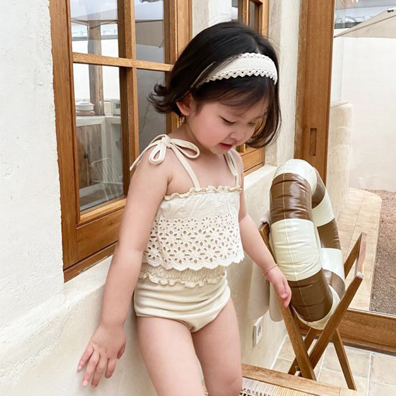 Summer New South Korea Ins Girls Piece Swimsuit Hollow Lace Strap Baby Sling Swimsuit