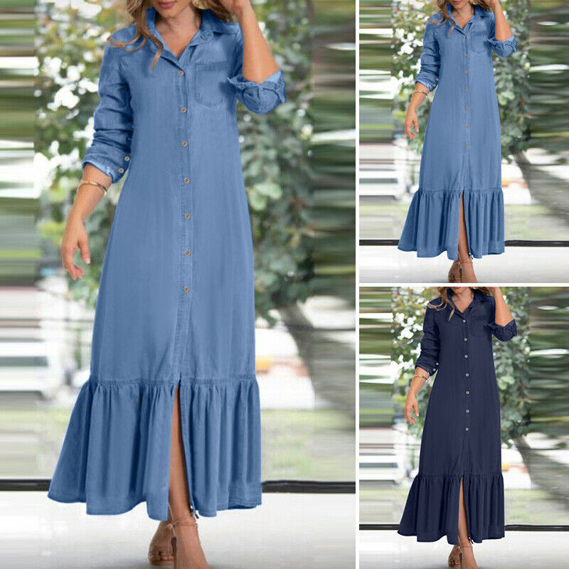 2022 European and American Autumn Women's Elegant Elegant Fashion Neutral Style Long Sleeve Lapel Cardigan Solid Color Long Denim Skirt