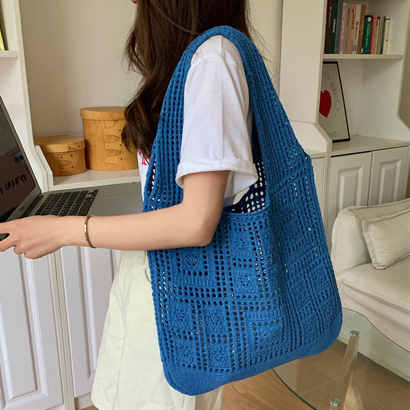 ニットバッグレトロメッシュ透かし彫りシンプル編みカバンレディースショルダーバッグbags毛糸ハンドバッグショッピングバッグ|undefined