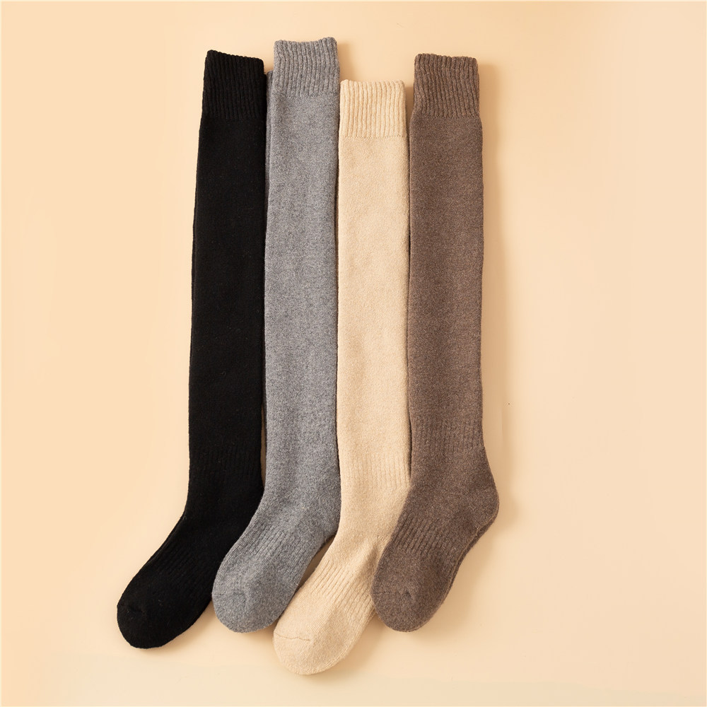 Verdickt waarm Woll Iwwer-de-Knéi Socken Damen Terry Einfarweg Hierscht a Wanter Samt Héichhéicht Woll Oberschenkelsocken_voghion.com