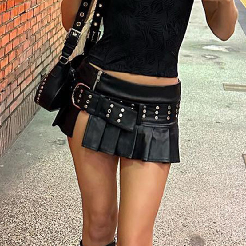 European and American Punk Spice Girl Rivet Belt Split Leather Skirt 2023 Fashion Street Sexy Low Waist A- Line Pleated Skirt