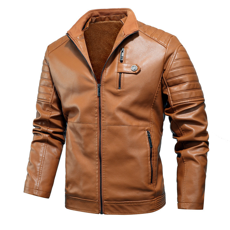 Autumn and Winter new men's fleece-lined leather coat men's youth casual stand collar men's workwear leather coat