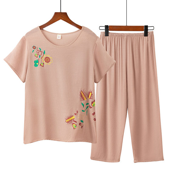New Mom Pajamas Women's Summer Cotton and Linen Short-sleeved Two-piece Suit Summer Thin Grandma's Home Clothes Outer Wear