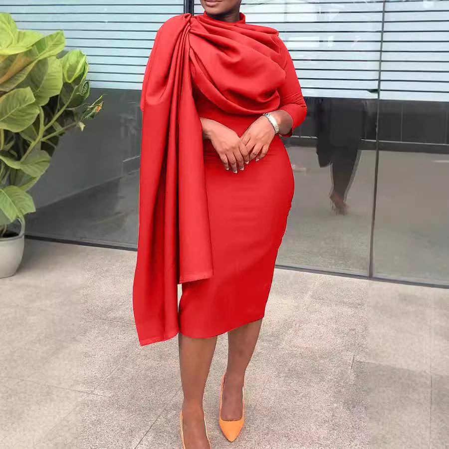 Women's clothing autumn and winter solid color semi-high collar long irregular dress