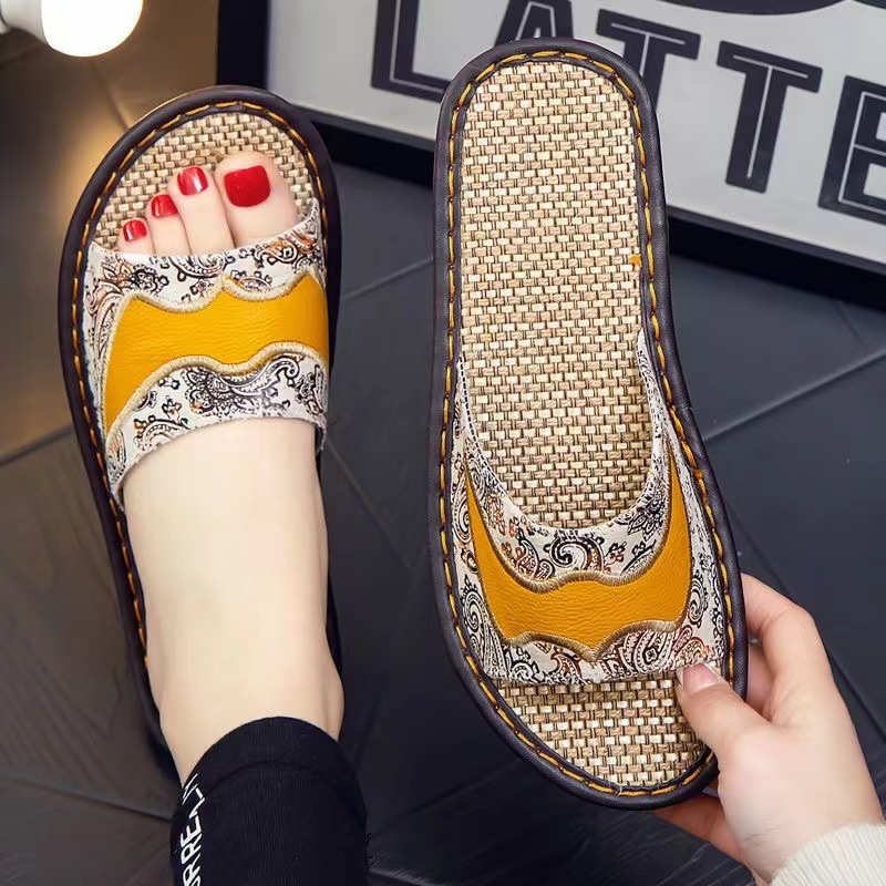 Simple Couple Leather Slippers Men's New Indoor Home Anti-Slip Summer Smelly Slippers Linen Interior