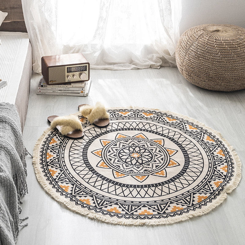 Cross-border Nordic ethnic cotton and linen floor mat round retro plain handmade carpet bedroom bedside floor mat