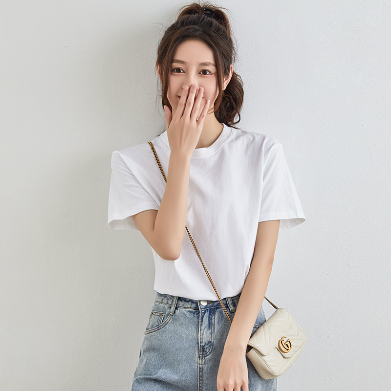 Heavy Impermeable Solid Color Cotton Round Neck Short-Sleeved T-Shirt Thick Pure White Base Shirt t Men's and Women's T-Shirt Top