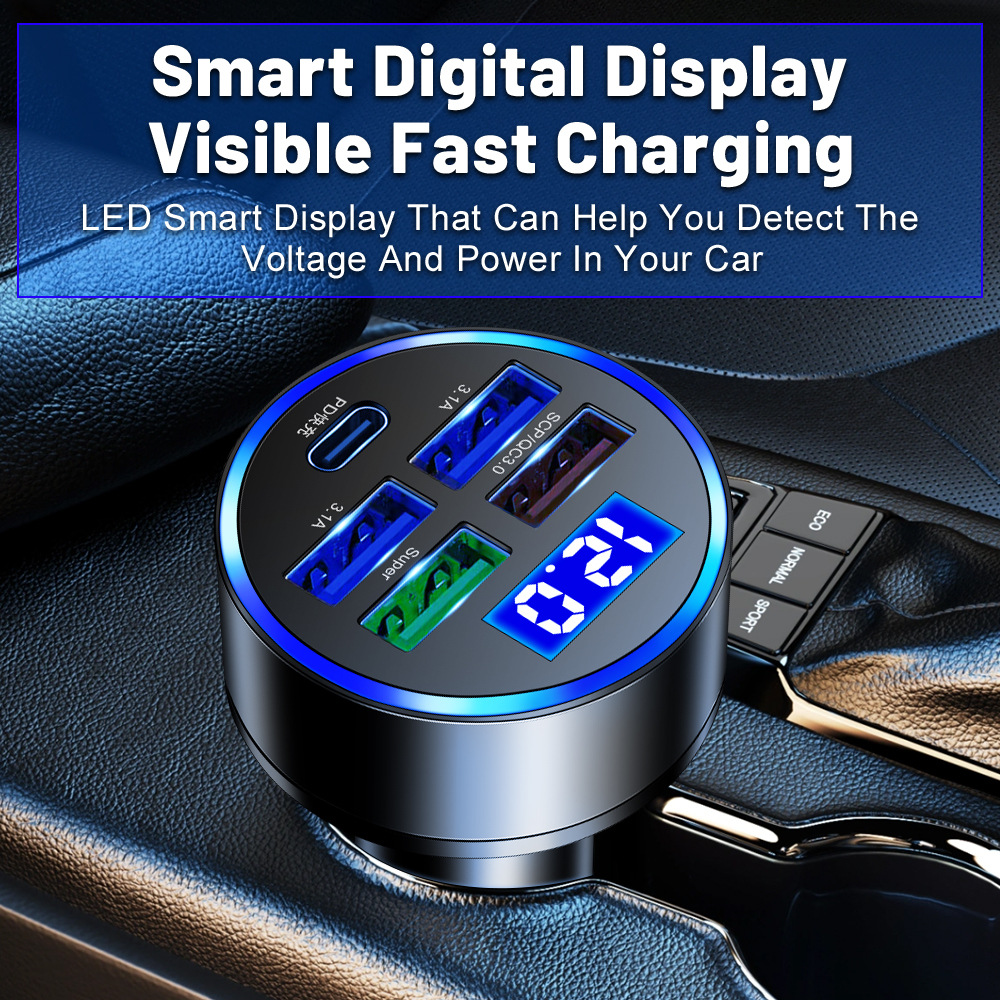 Five-in-one car charger with digital display 5-port car charger with voltage one drag 5-port car charger supports super fast