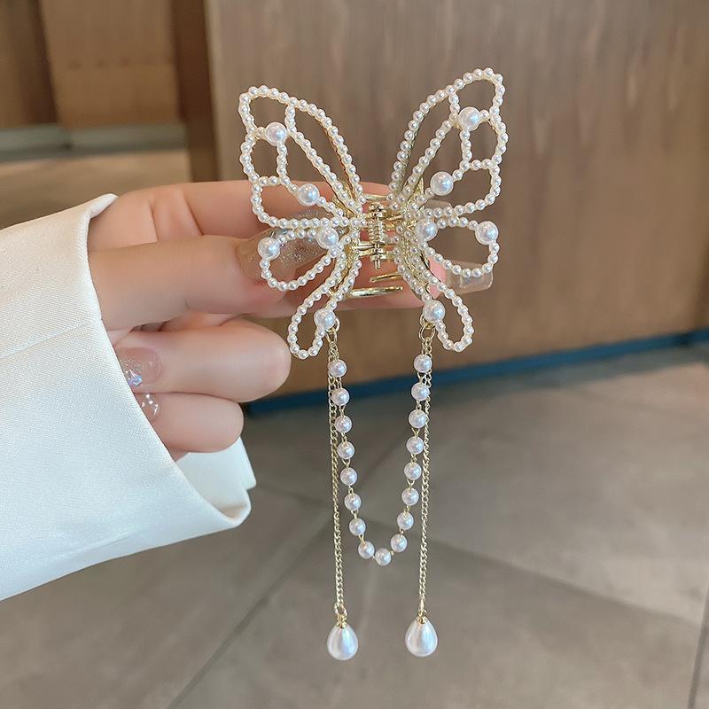 Korean style new Pearl butterfly tassel clip female light luxury back Head Small size hairpin elegant temperament shark clip net_voghion.com
