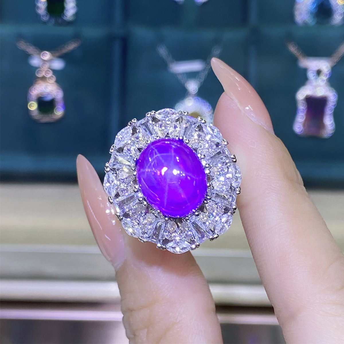 Purple Starlight Pigeon Egg-shaped 10*12 Simulation Amethyst Full Diamond Open Ring Women's Fashion Elegant Cyber Red Ring