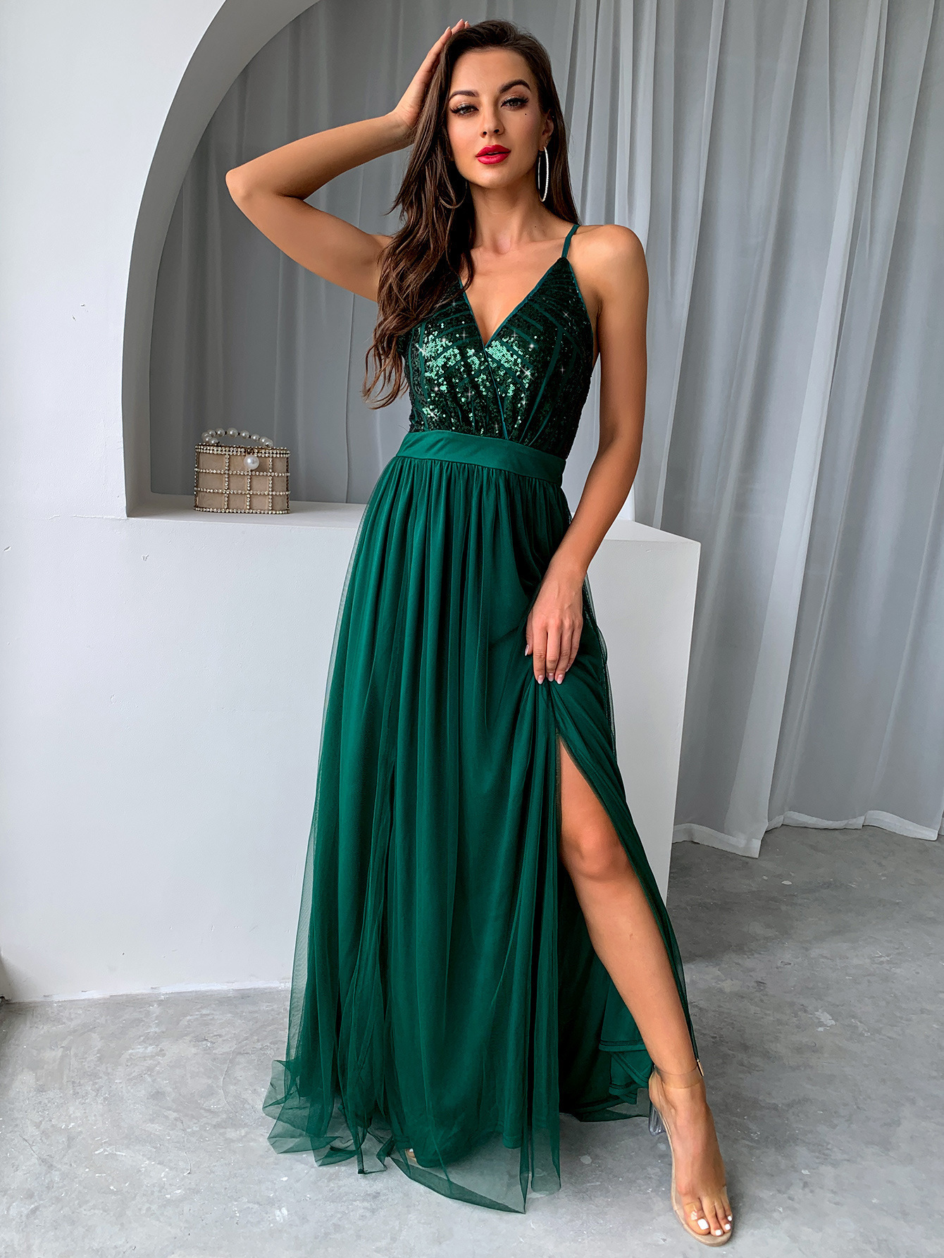 European and American women's clothing 2022 summer new sexy sling mesh sequin stitching slit large swing dress evening dress
