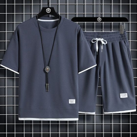 Waffe Sports Casual suit Men's Summer Thin Loose plus size Short-sleeved T-shirt Shorts Set of Handsome Collocation
