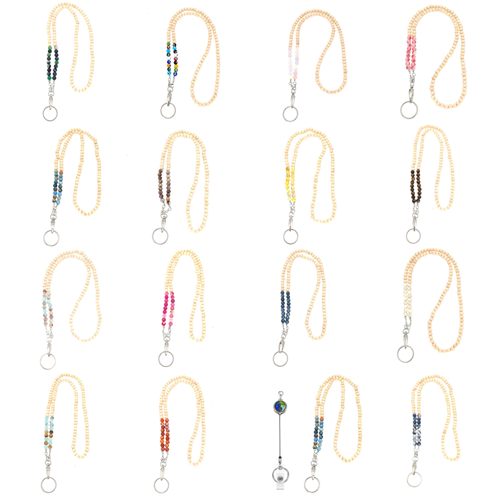 Amazon Stone Wooden Beads Work ID Lanyard Necklace ID Badge Easy Pull-up Buckle Sweater Long Necklace Glasses Mask Chain