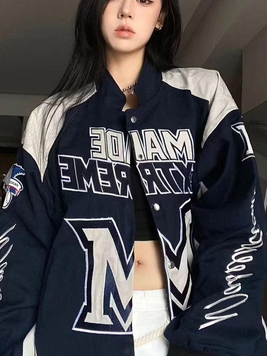American Retro Street High Street Heavy Industry Racing Motorcycle Jacket Retro Color Crossblock Letters Men's and Women's National Fashion Loose Jacket