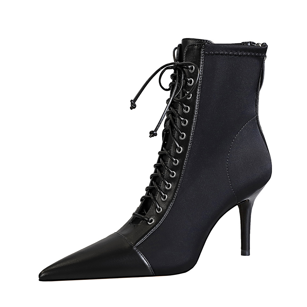 1838-1 Korean Fashion Sexy Slimming Women's Boots Thin Heel High Heel Shallow Mouth Pointed Lace-up Cross Strap Ankle Boots