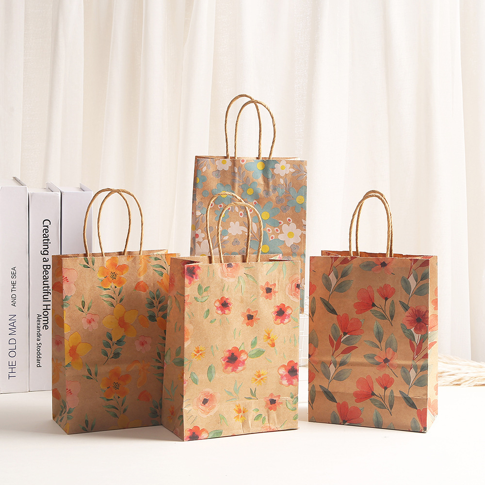 Flowers and plants Kraft paper bag vintage American printing portable paper bag cross-border in stock wholesale shopping bag party bag wholesale