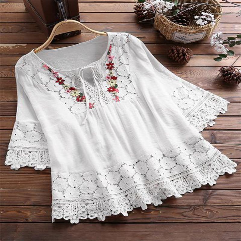 New 2022 summer Amazon cotton and linen stitching lace elegant European and American V-neck loose women's top