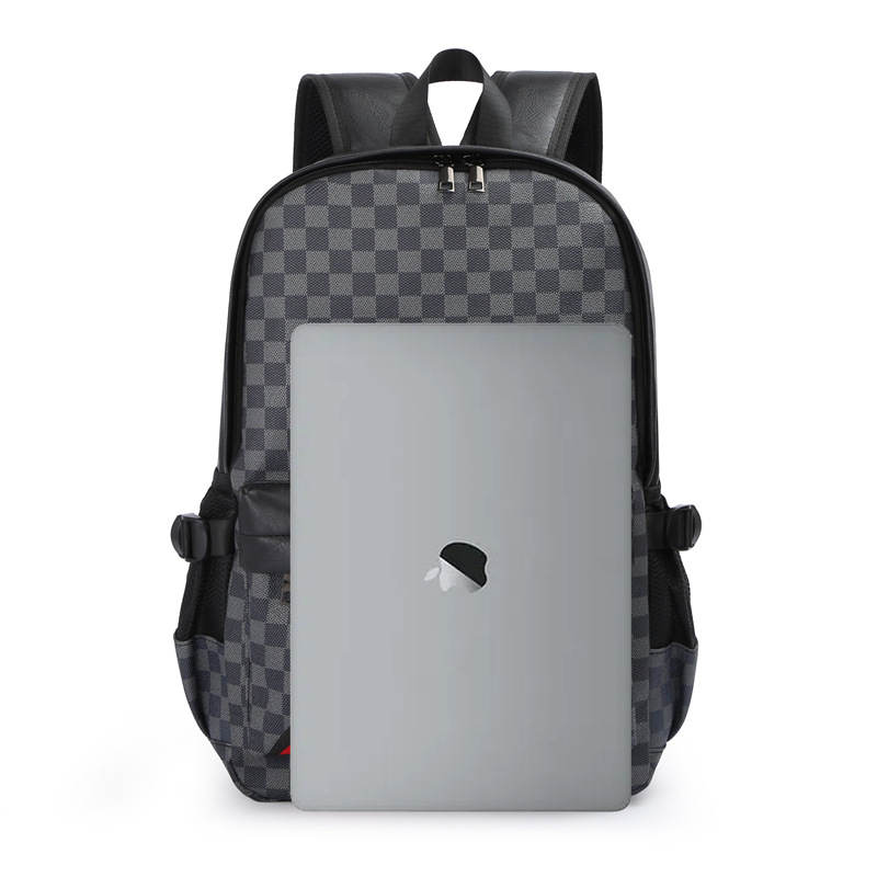 Backpack Men's Fashionable Brand European and American Fashion Plaid Travel Backpack Trendy All-match Leather Boys Schoolbag Computer Bag