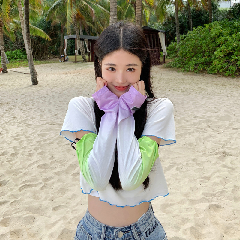 夏季可愛ins冰絲過渡色大碼防曬袖套韓版長款冰袖開車手袖臂手套
