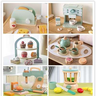 Children's Play Mini Kitchen Toy Girl's Cooking Toy Artificial Wooden Tea Set Ice Cream Rack Bread Machine