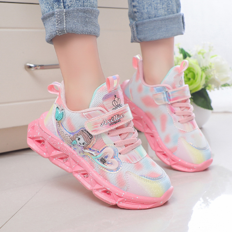 Light-up Children's Sneakers 2024 Spring and Autumn New Women's Shoes Small and Large Mesh Breathable Lightweight Student Running Shoes