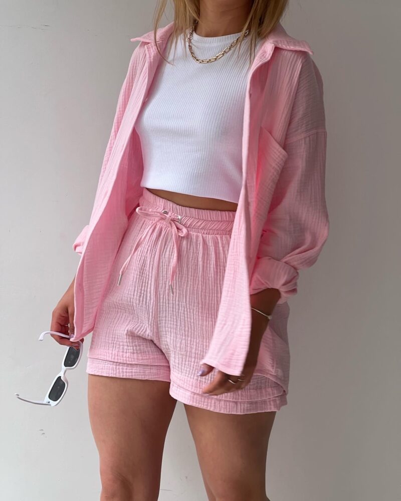 2023  European and American Women's Wrinkled Lapel Long Sleeve Shirt High Waist Drawstring Shorts Fashion Casual Two-Piece Set_voghion.com