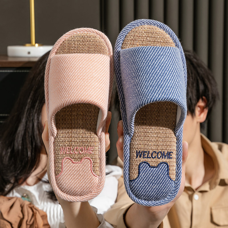 Linen Slippers Summer Women's Indoor Home Non-slip Thick Bottom Household Four Seasons Wood Flooring Couple Spring and Autumn Mute Men