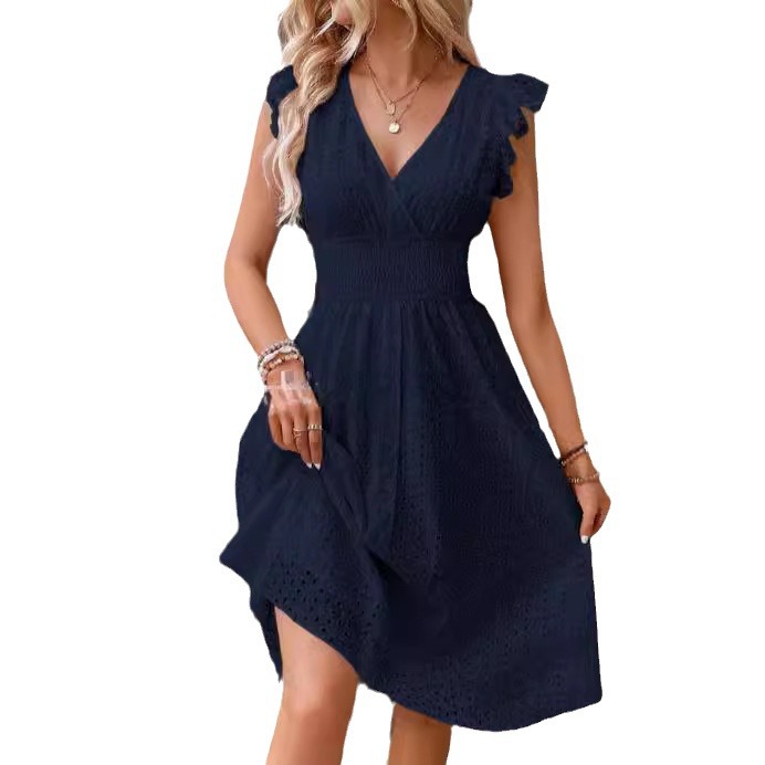 Summer New Style Lotus Leaf SleeVes Elegant Slimming Look V Neck Women's Fashion Large Size Cut Out Dress for Women