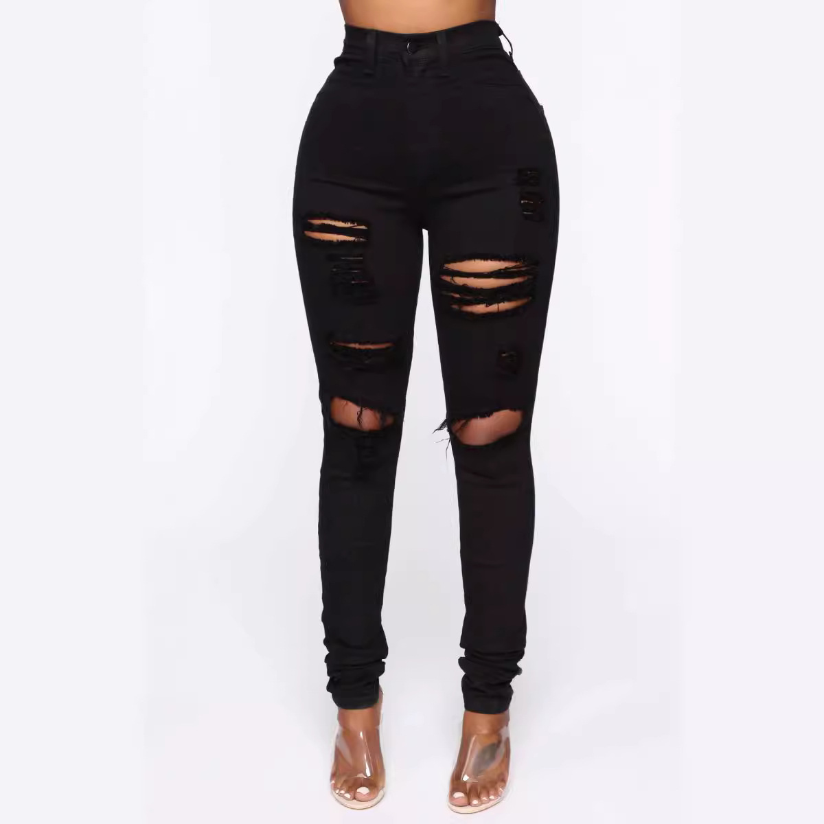 AliExpress Amazon Independent Station New Black and White Stretch Ripped Jeans Women's Leggings