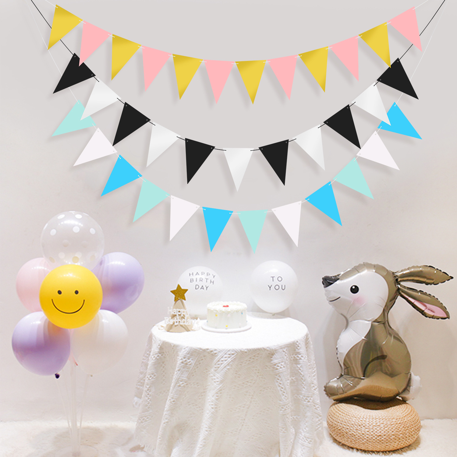 Black gold powder glitter party decoration pennant flag baby birthday kindergarten decoration background banner