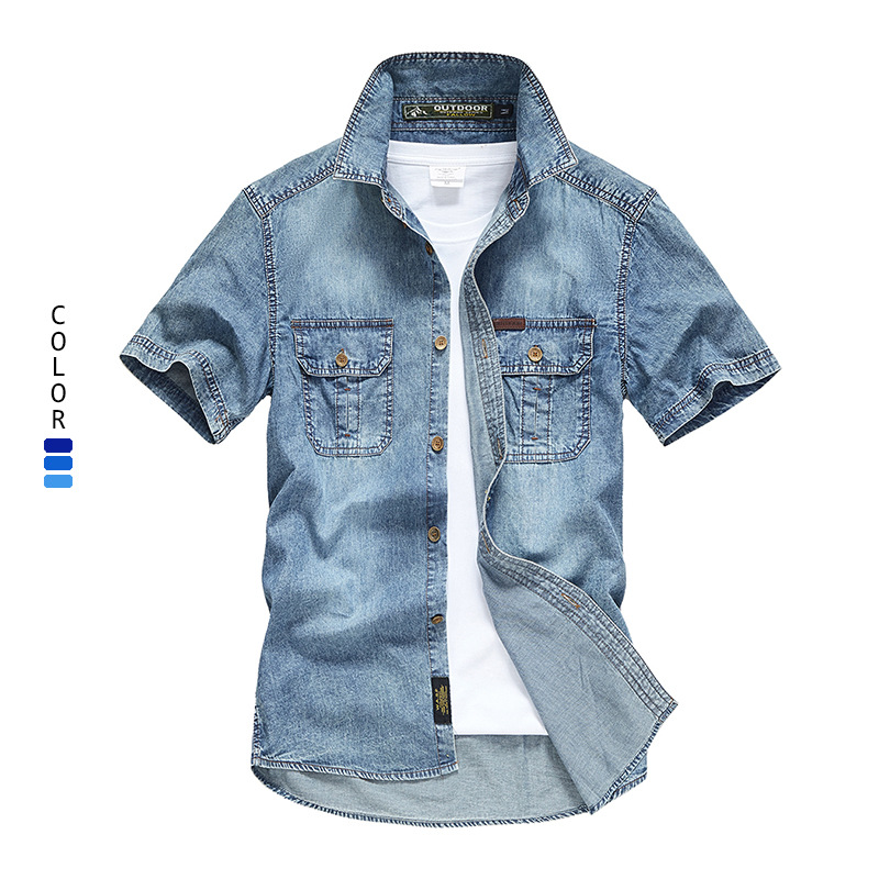 Cross-border Amazon Summer Short-sleeved Denim Shirt Men's European Size Men's Workwear Short-sleeved Shirt Denim Clothes