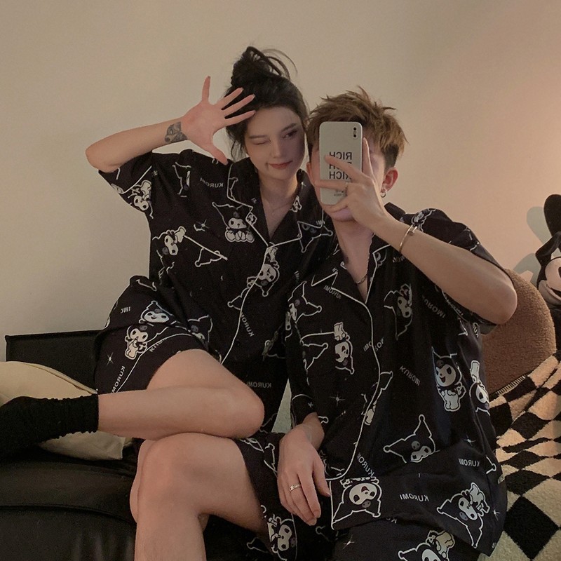 Couple pajamas women's summer ice silk little milk dog short sleeve can be worn outside 2023 new summer Silk men's suit