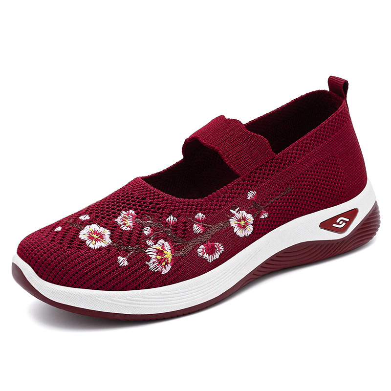 Mom's shoes summer New embroidered low-cut single-layer shoes women's breathable casual shoes slip-on slip-on shoes