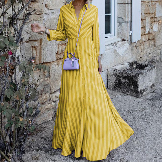 FD1075 in stock 2024 autumn cross-border new women's fashion long sleeve temperament long striped dress