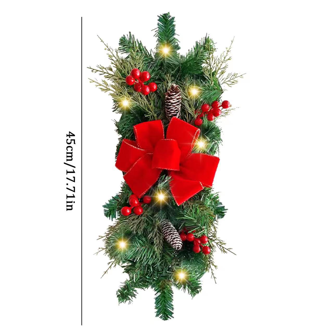 Christmas Wreath Hanging led Stairs Red Rattan Bow Wreath Pine Cone Decoration_voghion.com