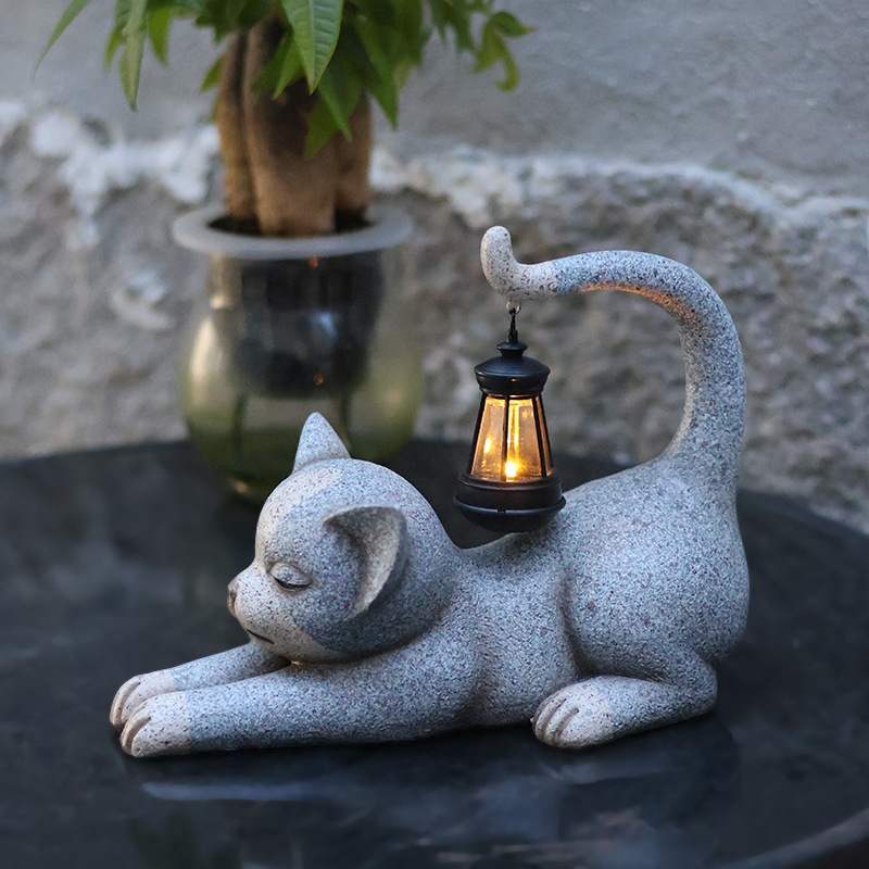 Cross-border solar garden lights resin animal ornaments garden balcony courtyard decoration cat crafts statue pendulum